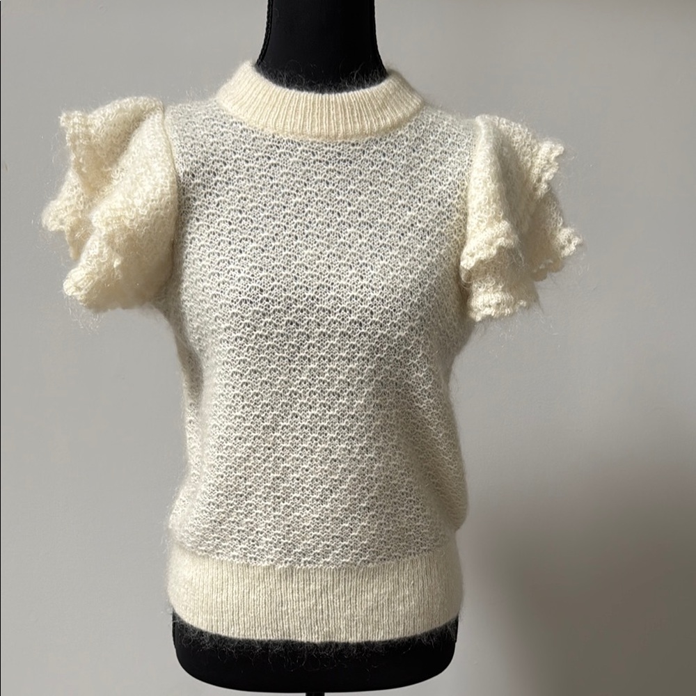 Sezane Cream Textured Sweater with Ruffled Sleeves